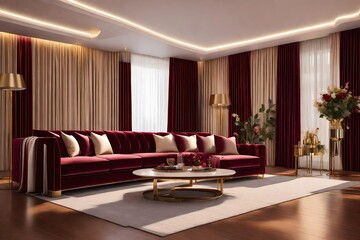 Wall Mural - luxury  sofas, with maroon and beige color curtain 