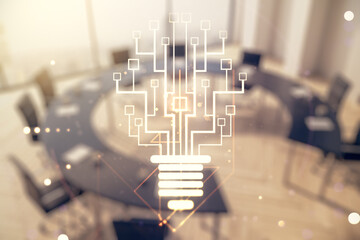 Poster - Virtual creative light bulb with chip hologram on a modern boardroom background, artificial Intelligence and neural networks concept. Multiexposure