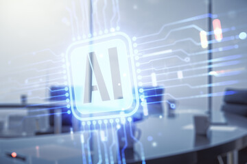 Aufkleber - Double exposure of creative artificial Intelligence icon on a modern meeting room background. Neural networks and machine learning concept
