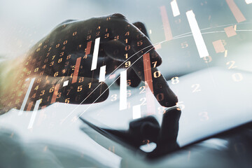 Aufkleber - Double exposure of abstract creative financial chart with finger clicks on a digital tablet on background, research and strategy concept