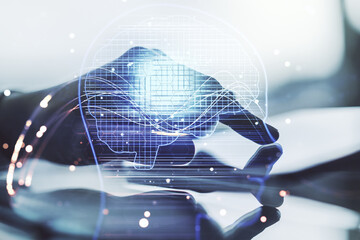 Poster - Double exposure of creative artificial Intelligence symbol with finger clicks on a digital tablet on background. Neural networks and machine learning concept