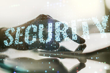 Poster - Cyber security creative concept with finger clicks on a digital tablet on background. Double exposure