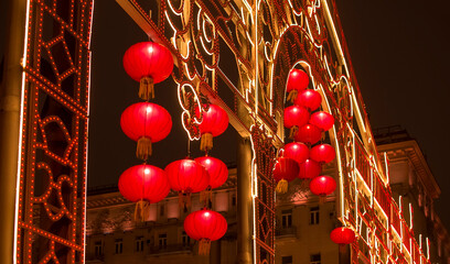 Chinese New Year. Red Chinese lanterns. Evening festive illumination