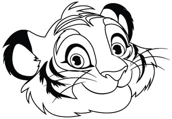 Sticker - Black and white vector of a cheerful lion cub