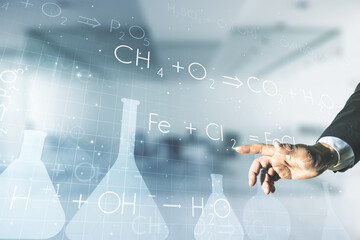 Poster - Man hand working with abstract virtual Creative chemistry hologram on blurred office background. Multiexposure
