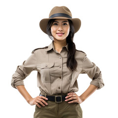 Wall Mural - Front view mid body shot of an extremely beautiful Asian female model dressed as a Archaeologist smiling with arms folded, isolated on a white background