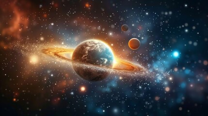 digital art showcasing a spectacular view of planets surrounded by glowing space dust and celestial 