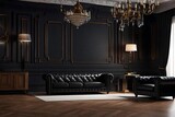 Fototapeta  - Modern classic black interior with leather sofa, floor lamp, coffee table, carpet, wood floor