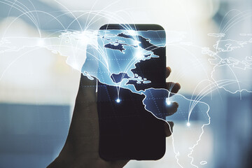 Poster - Double exposure of abstract digital world map with connections and hand with cellphone on background, big data and blockchain concept
