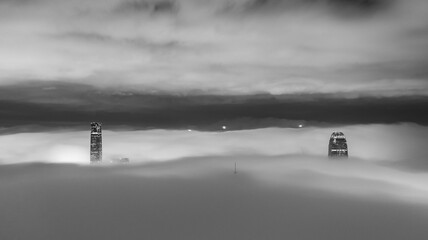 Sticker - Night scenery of skyline of Hong Kong city in fog