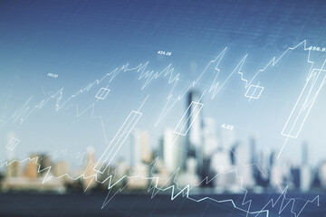 Poster - Multi exposure of virtual abstract financial diagram on blurry office buildings background, banking and accounting concept