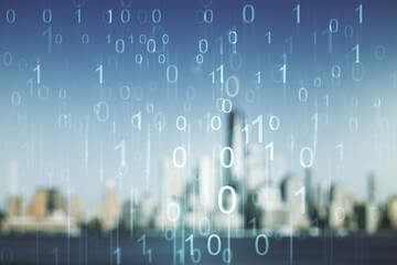Aufkleber - Abstract virtual binary code illustration on blurry skyline background. Big data and coding concept. Multiexposure