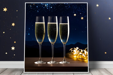 Wall Mural - Three Champagne glasses, against the night sky. Generative AI