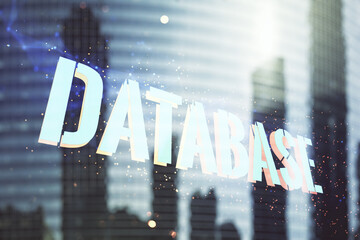 Aufkleber - Double exposure of creative Database word hologram on modern skyscrapers background, research and development concept