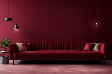 Wall Mural - Burgundy red wall with sofa and textured cushions with concrete floor