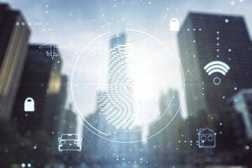 Aufkleber - Multi exposure of virtual creative fingerprint hologram on modern skyscrapers background, personal biometric data concept