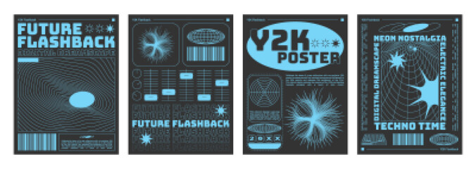 Fototapete - Y2k style poster design template set with grid acid abstract pattern and shape. Retro futuristic graphic banner and cover layout with cyberpunk aesthetic composition. Psychedelic wireframe figure.