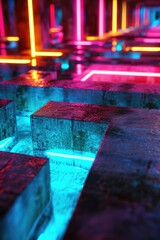 Poster - A neon lighted tunnel with a row of bricks. Generative AI.