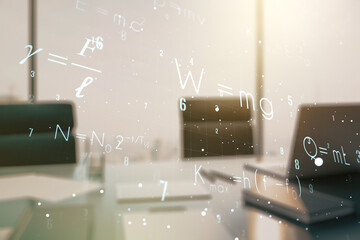 Poster - Double exposure of creative scientific formula concept and modern desktop with laptop on background, research and development concept