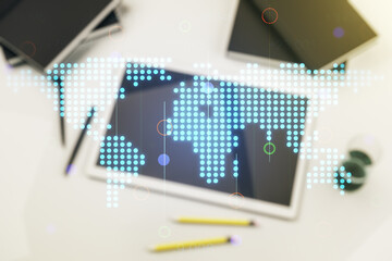 Poster - Multi exposure of abstract graphic world map and modern digital tablet on background, connection and communication concept