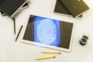 Aufkleber - Multi exposure of abstract creative fingerprint illustration and modern digital tablet on background, top view, digital access concept