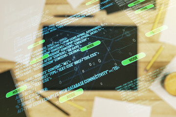 Leinwandbilder - Abstract creative coding illustration and modern digital tablet on desktop on background, top view, software development concept. Multiexposure
