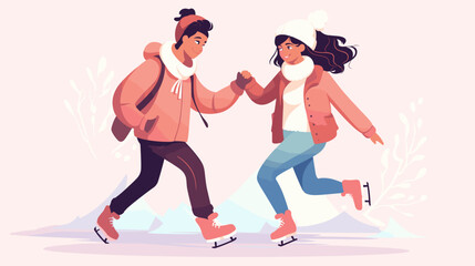 Canvas Print - abstract lovable cartoon characters skating hand in hand. simple vector art