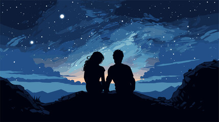 Canvas Print - abstract couple stargazing under a night sky. simple vector art