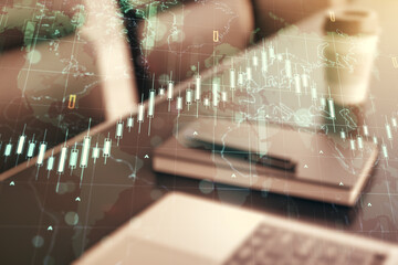 Poster - Double exposure of abstract creative financial diagram with world map on computer background, banking and accounting concept