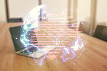 Poster - Double exposure of abstract digital world map with connections on computer background, big data and blockchain concept