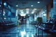 Atmospheric view of a hospital waiting area at night with fluorescent lights and empty seats, suggesting stillness and the end of a busy day.
