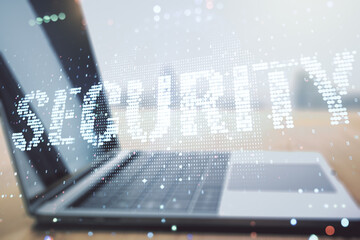 Poster - Cyber security creative concept on modern laptop background. Double exposure