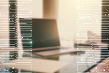 Poster - Creative concept of microscheme illustration on modern laptop background. Big data and database concept. Multiexposure