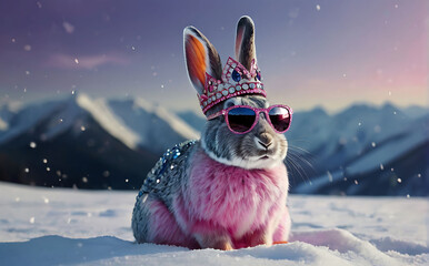 Wall Mural - A rabbit wearing a crown and sunglasses sat in the snow, Generative AI
