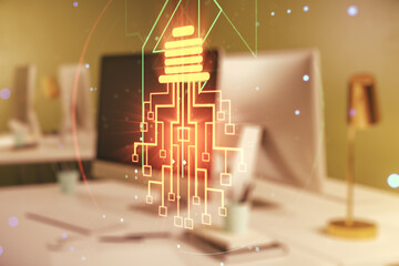 Aufkleber - Creative light bulb illustration with microcircuit on modern computer background, future technology concept. Multiexposure