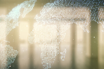 Poster - Multi exposure of abstract creative digital world map hologram on empty modern office background, research and analytics concept