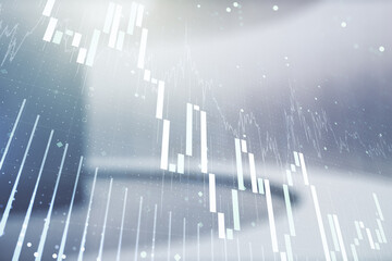 Poster - Double exposure of abstract creative financial chart hologram on empty modern office background, research and strategy concept
