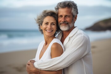 Joyful middle aged couple of man and woman hugging on the beach