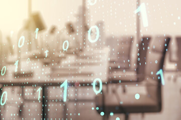 Aufkleber - Abstract virtual binary code sketch on a modern furnished office interior background, hacking and matrix concept. Multiexposure