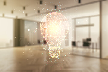 Poster - Abstract virtual light bulb hologram on a modern furnished office interior background, idea concept. Multiexposure