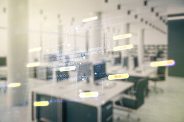 Aufkleber - Double exposure of abstract programming language interface on modern corporate office background, research and development concept