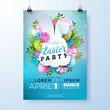 Vector Easter Party Flyer Illustration with painted eggs, rabbit ears silhouette and flowers on nature blue background. Spring holiday celebration poster design template for banner or invitation.