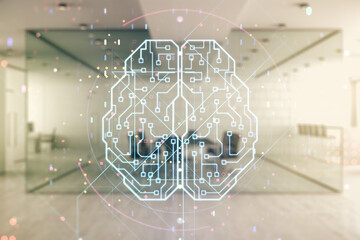 Aufkleber - Double exposure of creative artificial Intelligence interface on modern corporate office background. Neural networks and machine learning concept