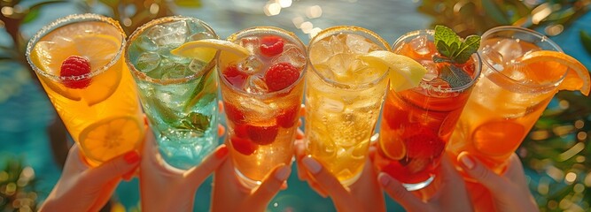 Top view of people toasting expensive drinks: Young pals enjoying themselves at happy hour with cocktails