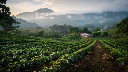 Coffee Plantation Fields with Mountains and Barn