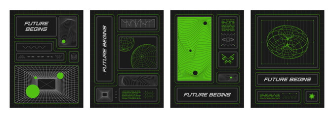 Poster - poster design template in y2k aesthetic with abstract grid geometry shapes and elements, typography 