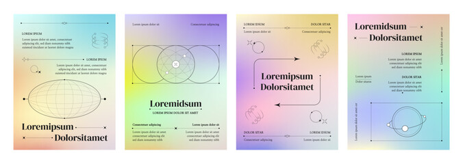 Fototapete - Poster and banner template in y2k style with pastel fluid colors gradient background and simple geometric grad line elements. Vector set of design layout with hologram rainbow effect and typography.