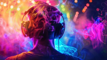 A bright multi-colored image of a man wearing headphones in a nightclub. Modern pop music, male DJ.