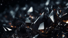 Background With Black Crystals. Black Glass Crystals With Reflections Of Light. Abstract Background With Bokeh Effect. AI Generative