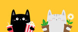 Fototapeta Dinusie - Cat kitten kitty set holding popcorn box, soda glass, daisy chamomile, green plant. Flower pot. Camomile bouquet. Happy Valentines Day. Cute cartoon kawaii funny animal. Flat design Yellow background.